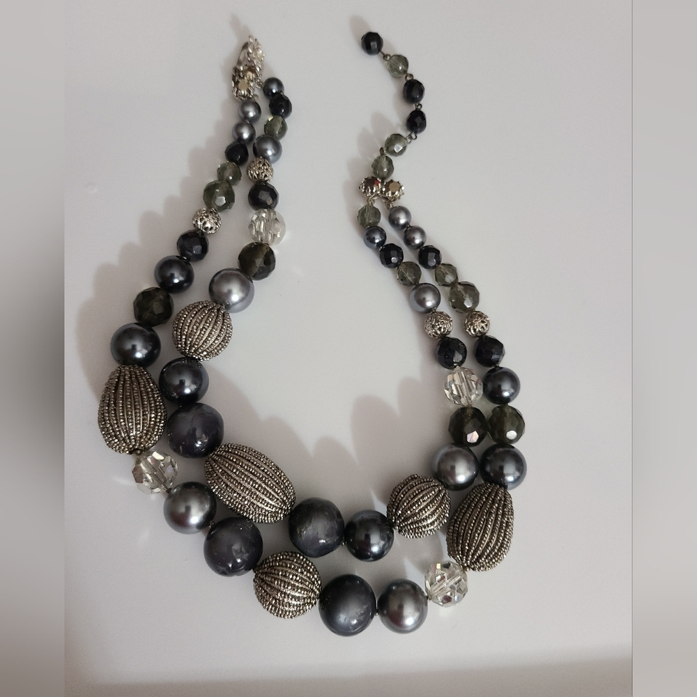 Vintage DeMario beaded crystal necklace RARE 50's filigree glass pearls gray vtg